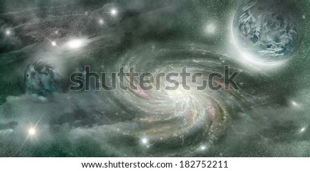 planet in space illuminated glow stars in the background nebulae and spiral galaxies