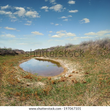 small round lake dries up in the dry semi-desert steppe with white salt residues along the coast