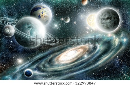 Alien planets solar system on a backdrop spiral galaxy