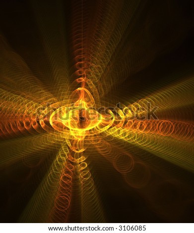 Hot whirling energy ball emitting golden & orange rays