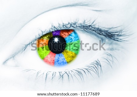 Beautiful female eye colored by rainbow of different colors. Creative conceptual image