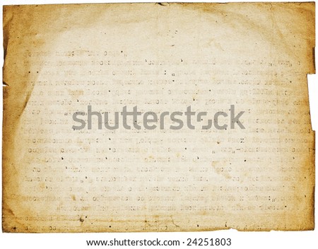 Retro grunge paper page on white background. Design element with torn dark borders and text imprint