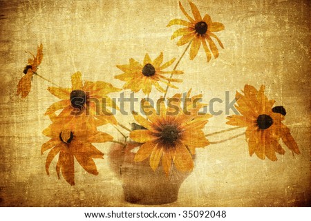 Vintage colors flowers in vase background. Flowers mixed with aged scratched texture