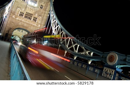 moving bus at night tower bridge London
