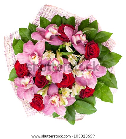 the bouquet from orchids and roses is isolated on a white background