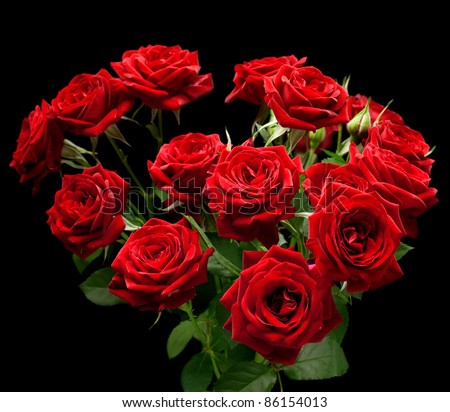 Bouquet of red small roses on a black background.