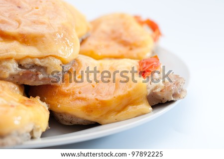 Fried meat stake with onions, tomatoes and cheese on French on a white background. on a dish