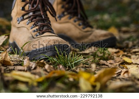 hiking boots on the forest floor