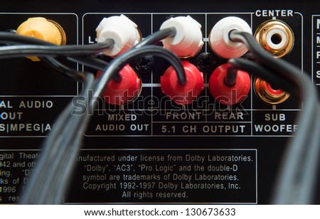 Wires plugged in to the connection panel of a dvd player