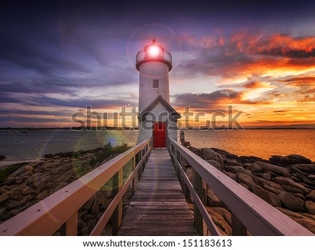 Annisquam Lighthouse At Sunset Off The Coast Of Gloucester, Ma. Usa