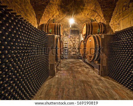 wine bottle and barrels in winery cellar