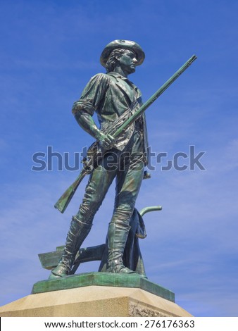 Bronze statue of a Minuteman in Concord, MA. It was sculpted by Daniel Chester French from melted down Civil War cannons.