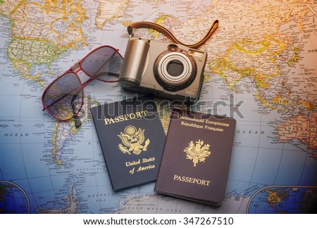 World travel with passports,sun glasses and camera