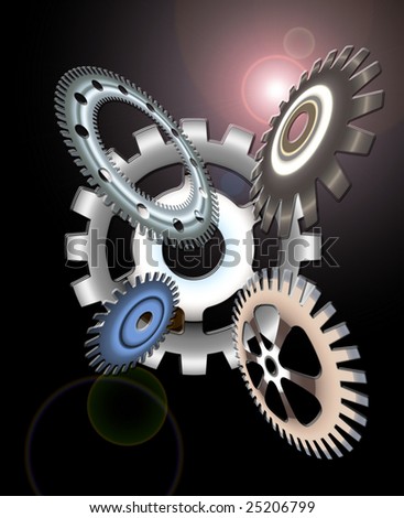 Various gears in perspective back lit by a flared light source