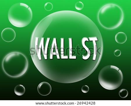 Wall st.white letters in big bubble surrounded by smaller bubbles on green