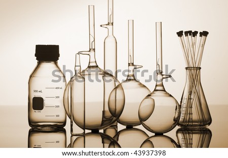 stock photo : Glass laboratory flasks and beakers for science research