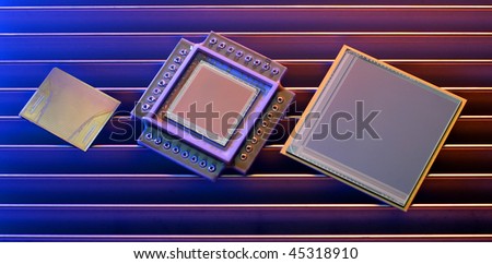 Three computer memory chips shot on colorful background