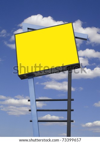 Store advertising sign in yellow over cloudy sky, isolated with clipping path