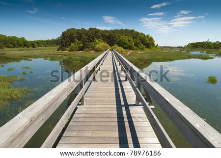 Wooden bridge in perspective leading to an enchanted island on old Cape Cod