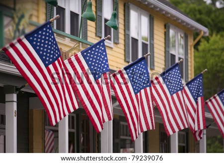 Country store draped with American flags on the fourth of july