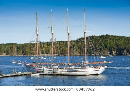 Old schooner at dock waiting to set sail in Bar Harbor, Maine, USA