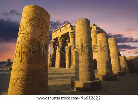 Kom Ombo temple at sunset on the Nile in Egypt