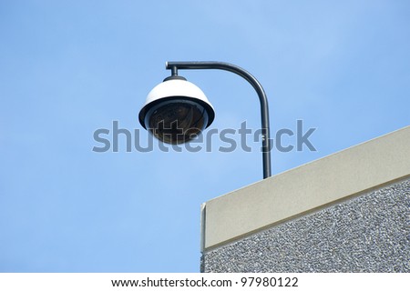 High tech overhead security camera on commercial building