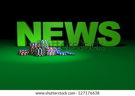 Poker and casino game concept with stacks of colored gambling chips and news sign on green table. Great background for magazines, blog, banner and advertising.