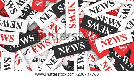 News concept background with a multitude of sign and text on scattered paper.