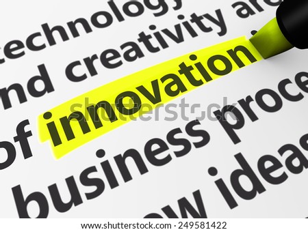 Innovation concept with a 3d rendering of business related words and innovation text highlighted with a \
yellow marker.