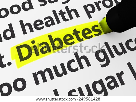Health disease concept with a 3d rendering of medical words and diabetes text highlighted with yellow marker.
