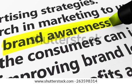 Marketing and advertising concept with a 3d rendering of brand developing strategies related words and brand awareness text highlighted with a yellow marker.