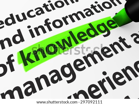Education concept with a 3d render of related words and knowledge text highlighted with a green marker.