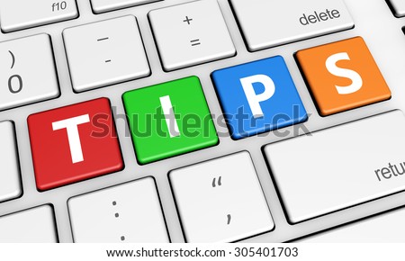 Tips and tricks concept with tips sign and letters on a colorful laptop computer keyboard 3d illustration for blog and online business.