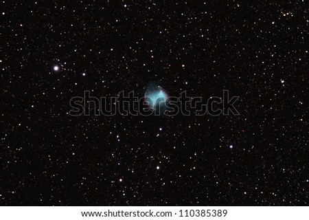 Dumbbell nebula (Messier M27 or Apple Core nebula) is a planetary nebula in the constellation of Vulpecula as seen through a 80mm refractor telescope (15min of exposure)