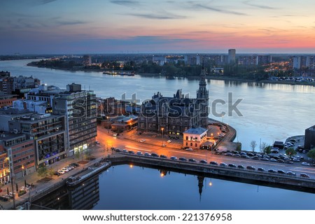 Aerial view over the city of Antwerp in Belgium from the MAS tower at twilight time.