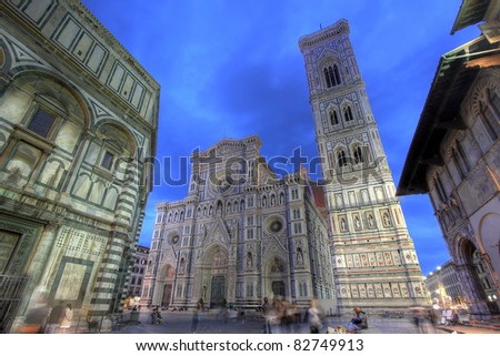 Florence Cathedral (Duomo - Basilica di Santa Maria del Fiore) during twilight from street level (Piazza del Duomo)