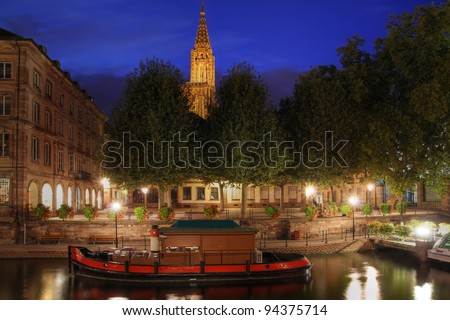 Fishmarket Square (Place du Marche au Poisson) in the old quarter of Strasbourg, France at night