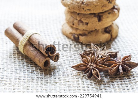 Studio shot of a pile of cookies, cinnamon sticks and star anise pod.