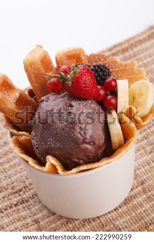 vaniila waffle with chocolate ice cream decorate with mix berry and banan