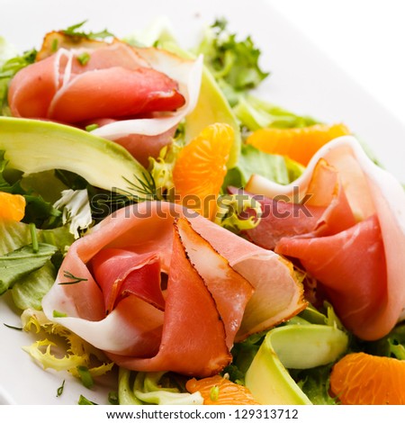 Salad - smoked bacon and vegetables - stock photo