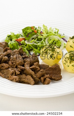 Grilled meat with potatoes, sauce and vegetable salad