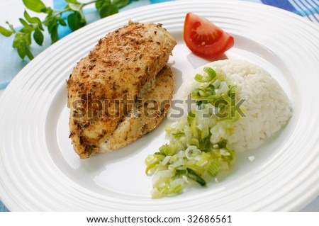 Roasted chicken fillet with white rice