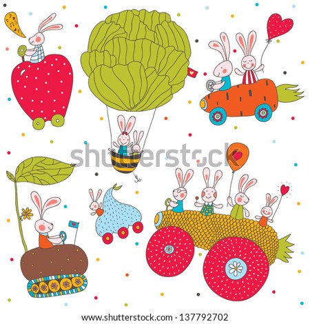 Cheerful rabbits ride on cars. Children\'s seamless pattern.