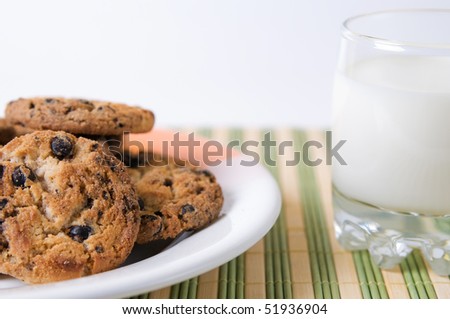 Glass of milk and chocolate biscuits