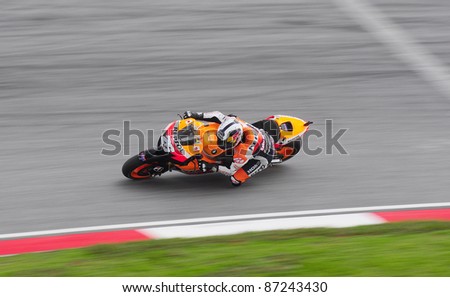 SEPANG, MALAYSIA-OCT.21:Dani Pedrosa in action during practice session of Shell Advance Malaysian Moto GrandPrix on Oct. 21 2011 in Sepang, Malaysia.The MotoGP class race will be held on Oct. 23, 2011