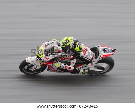 SEPANG, MALAYSIA-OCT.21:Toni Elias in action during practice session of Shell Advance Malaysian Moto GrandPrix on Oct. 21 2011 in Sepang, Malaysia. The MotoGP class race will be held on Oct. 23, 2011.