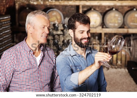 Portrait of winemakers tasting the new wine. Portrait of young sommelier and senior vineyards owner standing in cellar and consulting. Small business.