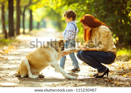 happy mother playing with her son in the park playing with the dog