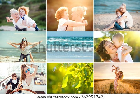 summer collage of happy people having fun outside, love concept